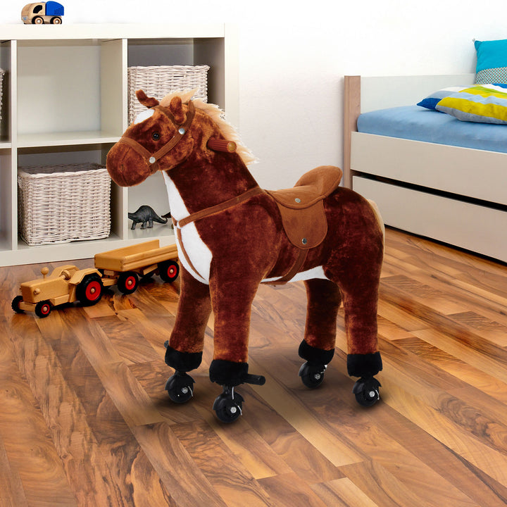 Cavalo de Brinquedo para Crianças de +3 Anos Cavalo de Brinquedo com Rodas Sons e Estrutura de Metal Carga 60kg 65x28x75 cm Castanho