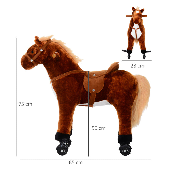 Cavalo de Brinquedo para Crianças de +3 Anos Cavalo de Brinquedo com Rodas Sons e Estrutura de Metal Carga 60kg 65x28x75 cm Castanho