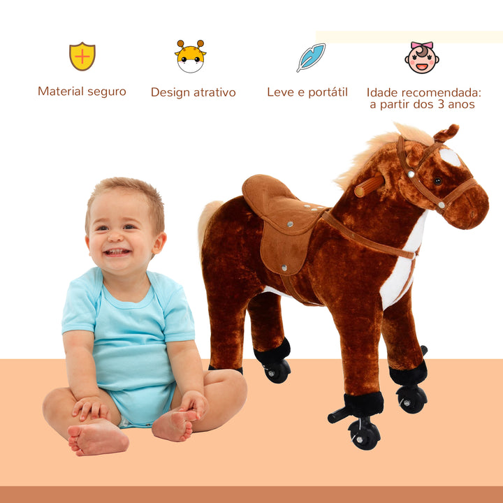 Cavalo de Brinquedo para Crianças de +3 Anos Cavalo de Brinquedo com Rodas Sons e Estrutura de Metal Carga 60kg 65x28x75 cm Castanho