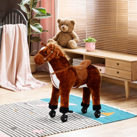Cavalo de Brinquedo para Crianças de +3 Anos Cavalo de Brinquedo com Rodas Sons e Estrutura de Metal Carga 60kg 65x28x75 cm Castanho