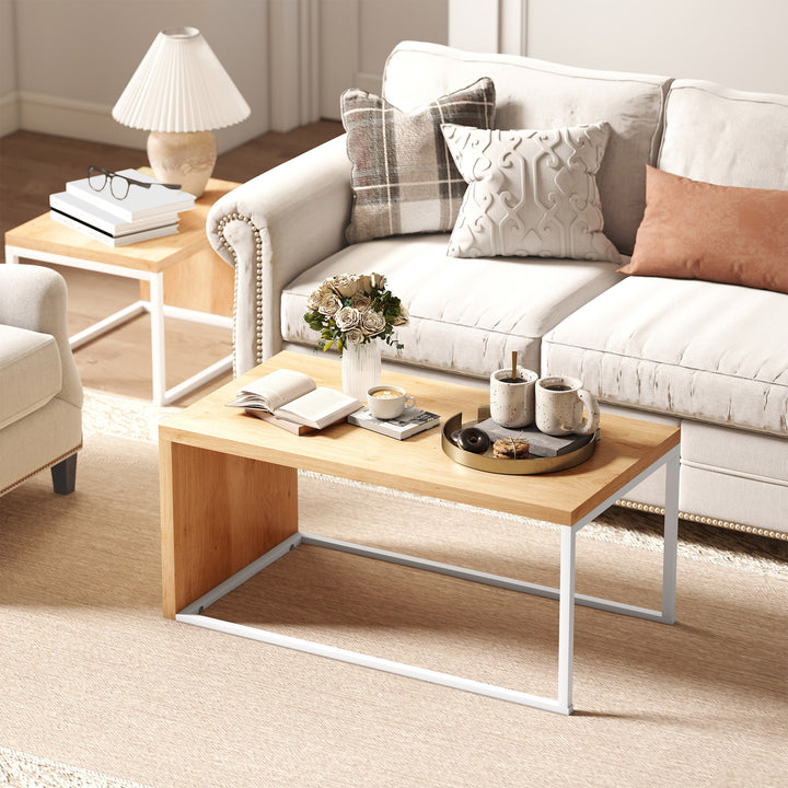 Conjunto de 2 Mesas de Centro Mesas de Café com Pés de Metal Estilo Industrial para Sala de Estar Sala de Jantar 90x48x42 cm e 59x42x36 cm Branco e Madeira