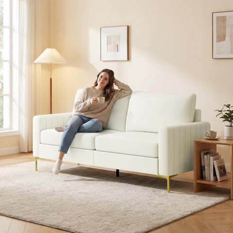 Sofá de 3 Lugares Sofá de Sala de Estar de 181 cm Estofado em Veludo Almofadas Espessas Pernas de Metal Estrutura de Madeira para Sala Escritório Creme