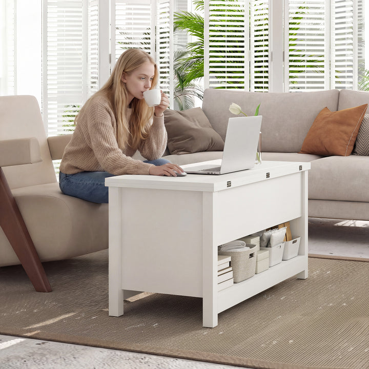 Mesa de Centro Elevatória e Extensível com Compartimentos Ocultos e Prateleira Aberta para Sala de Estar Escritório 100x90x64 cm Branco