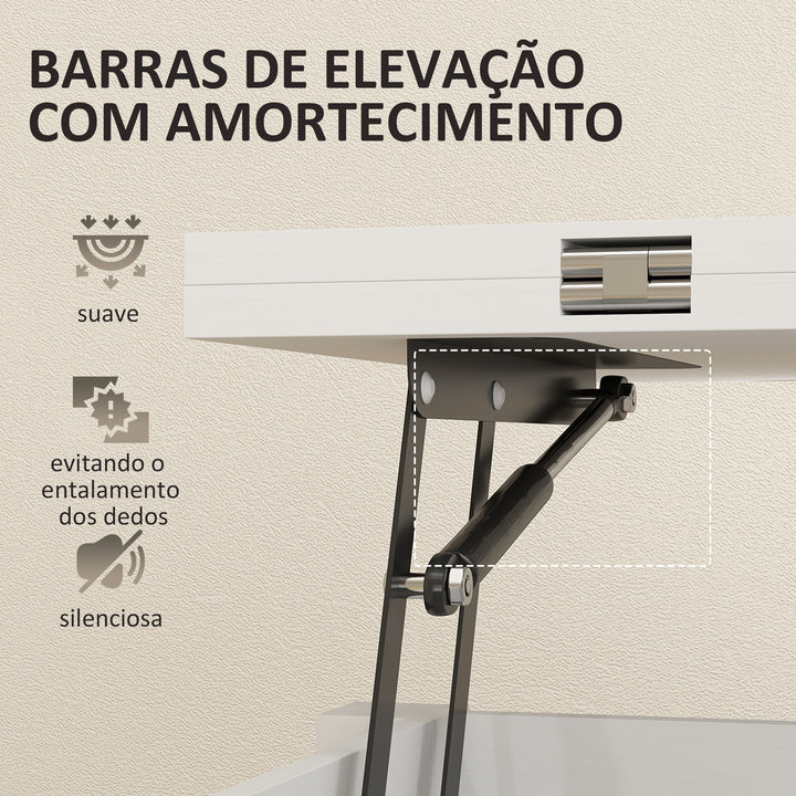 Mesa de Centro Elevatória e Extensível com Compartimentos Ocultos e Prateleira Aberta para Sala de Estar Escritório 100x90x64 cm Branco