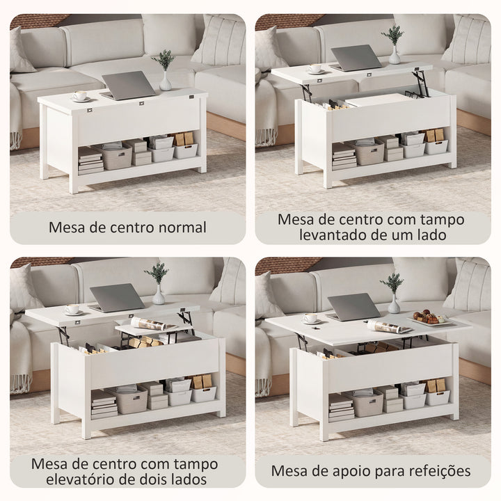 Mesa de Centro Elevatória e Extensível com Compartimentos Ocultos e Prateleira Aberta para Sala de Estar Escritório 100x90x64 cm Branco