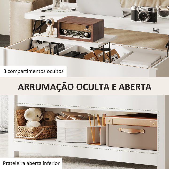 Mesa de Centro Elevatória e Extensível com Compartimentos Ocultos e Prateleira Aberta para Sala de Estar Escritório 100x90x64 cm Branco