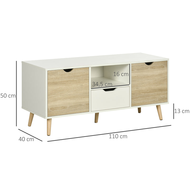 Móvel de TV com Gaveta 2 Portas e Prateleira Mesa de TV para Televisores de até 50 Polegadas Aparador de Sala de Estar 110x40x50cm Branco e Madeira