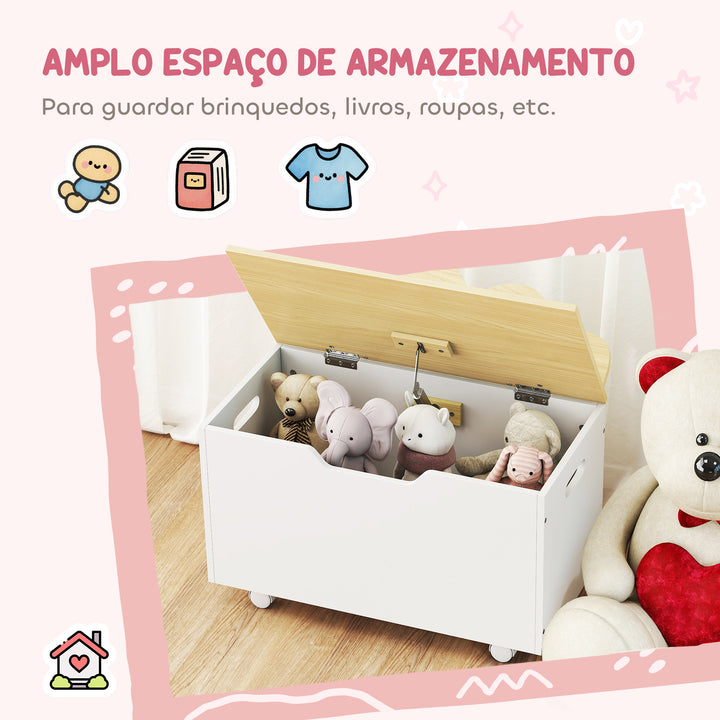 Baú de Brinquedos com Rodas Baú Infantil com Tampa Abatível e Dobradiça de Segurança Design de Nuvem para Quarto Sala de Jogos Creche 59x30x53 cm Branco e Madeira