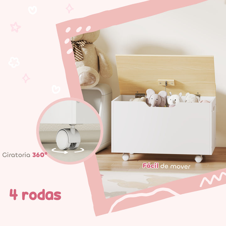Baú de Brinquedos com Rodas Baú Infantil com Tampa Abatível e Dobradiça de Segurança Design de Nuvem para Quarto Sala de Jogos Creche 59x30x53 cm Branco e Madeira