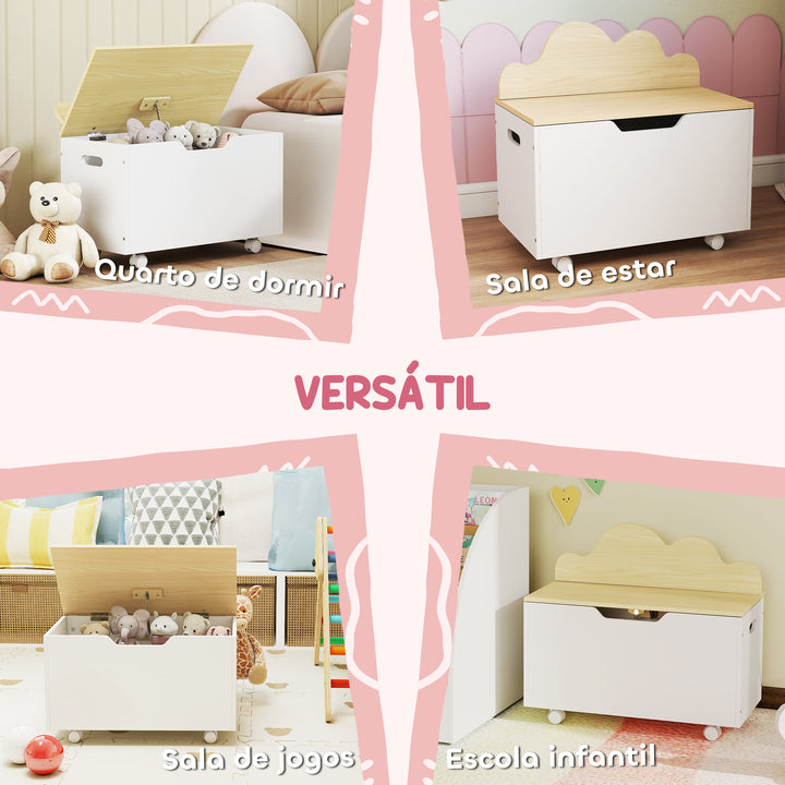 Baú de Brinquedos com Rodas Baú Infantil com Tampa Abatível e Dobradiça de Segurança Design de Nuvem para Quarto Sala de Jogos Creche 59x30x53 cm Branco e Madeira