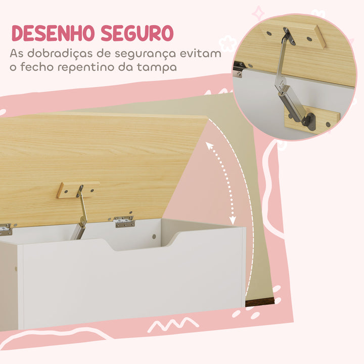 Baú de Brinquedos com Rodas Baú Infantil com Tampa Abatível e Dobradiça de Segurança Design de Nuvem para Quarto Sala de Jogos Creche 59x30x53 cm Branco e Madeira