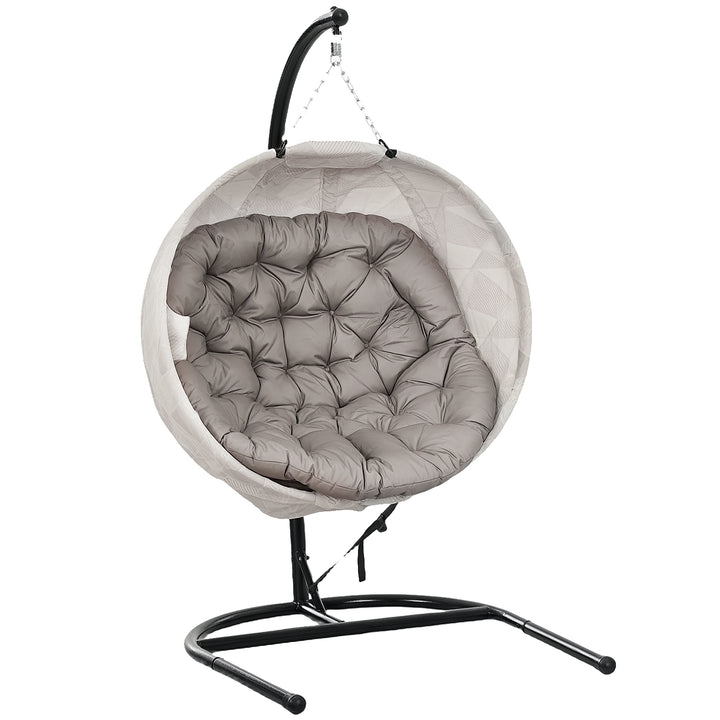 Cadeira Suspensa com Suporte Cesto Dobrável de Malha Dupla com Almofada e Apoio para Copos Cadeira Suspensa para Interior e Exterior Carga 120 kg 106x114x178 cm Areia e Preto