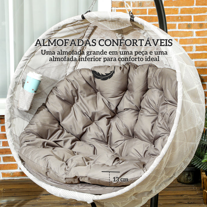 Cadeira Suspensa com Suporte Cesto Dobrável de Malha Dupla com Almofada e Apoio para Copos Cadeira Suspensa para Interior e Exterior Carga 120 kg 106x114x178 cm Areia e Preto