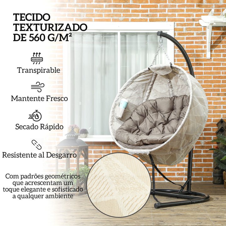 Cadeira Suspensa com Suporte Cesto Dobrável de Malha Dupla com Almofada e Apoio para Copos Cadeira Suspensa para Interior e Exterior Carga 120 kg 106x114x178 cm Areia e Preto