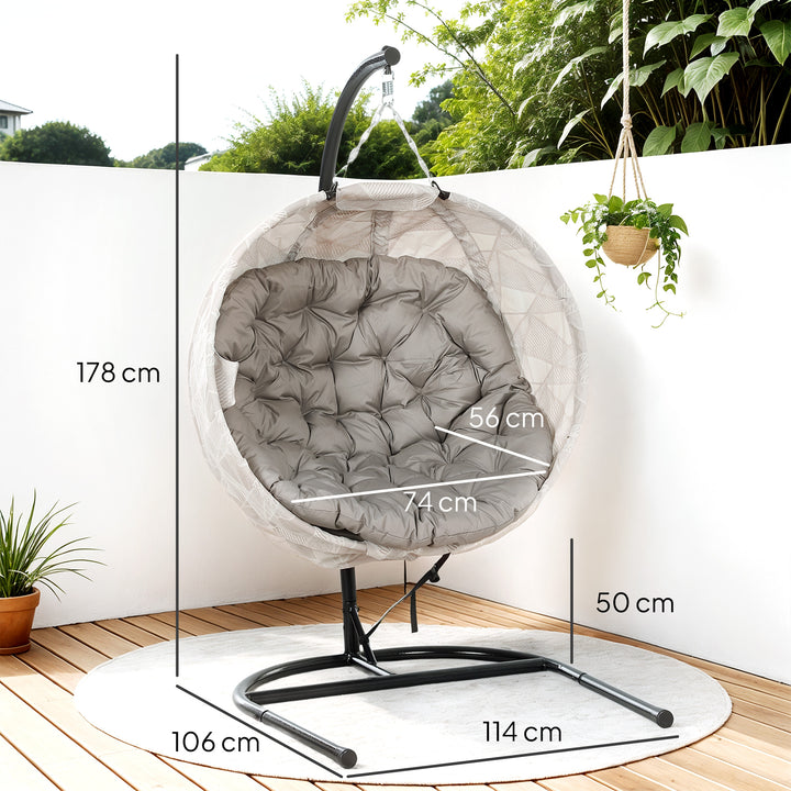 Cadeira Suspensa com Suporte Cesto Dobrável de Malha Dupla com Almofada e Apoio para Copos Cadeira Suspensa para Interior e Exterior Carga 120 kg 106x114x178 cm Areia e Preto