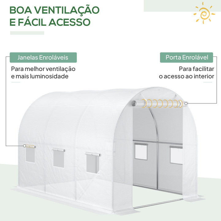 Cobertura de Estufa de Túnel 3x2x2m Cobertura de Substituição de Estufa Polietileno com 6 Janelas e Portas Enroláveis Proteção de Plantas para Jardim Branco