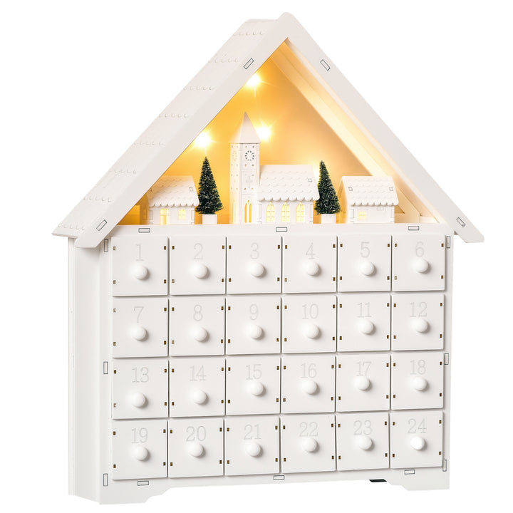 Calendário de Advento de Natal Madeira com 24 Gavetas e Luzes LED Decoração de Natal Modelo Casinha 39x9x42cm Branco