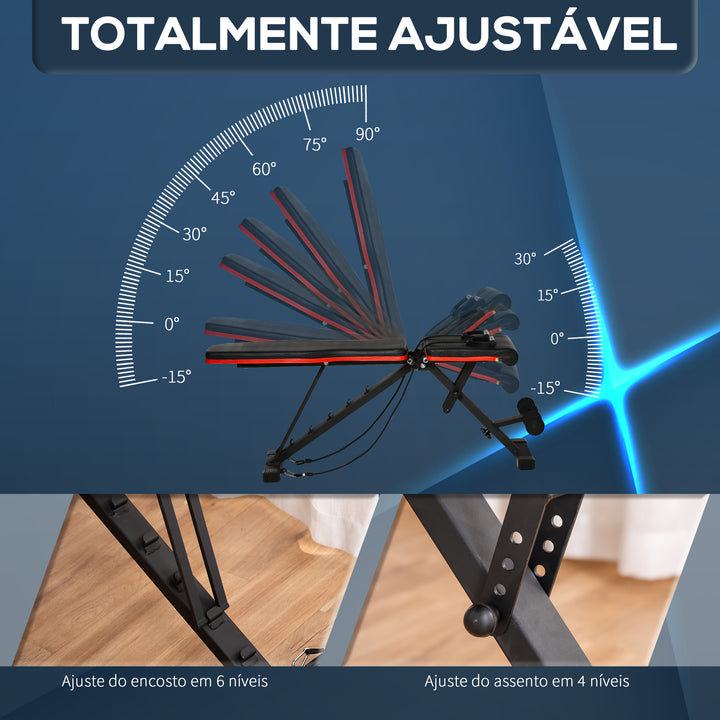 Banco de Musculação Dobrável Banco de Pesas Encosto e Assento Ajustáveis Extensão de Perna e Banda de Resistência para Treino Completo Ginásio em Casa 130x34x48-109 cm Preto