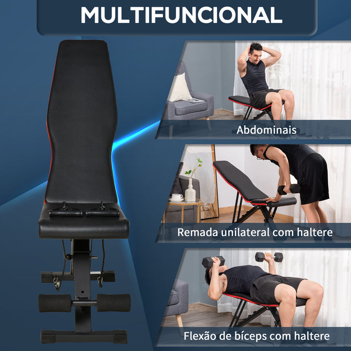 Banco de Musculação Dobrável Banco de Pesas Encosto e Assento Ajustáveis Extensão de Perna e Banda de Resistência para Treino Completo Ginásio em Casa 130x34x48-109 cm Preto