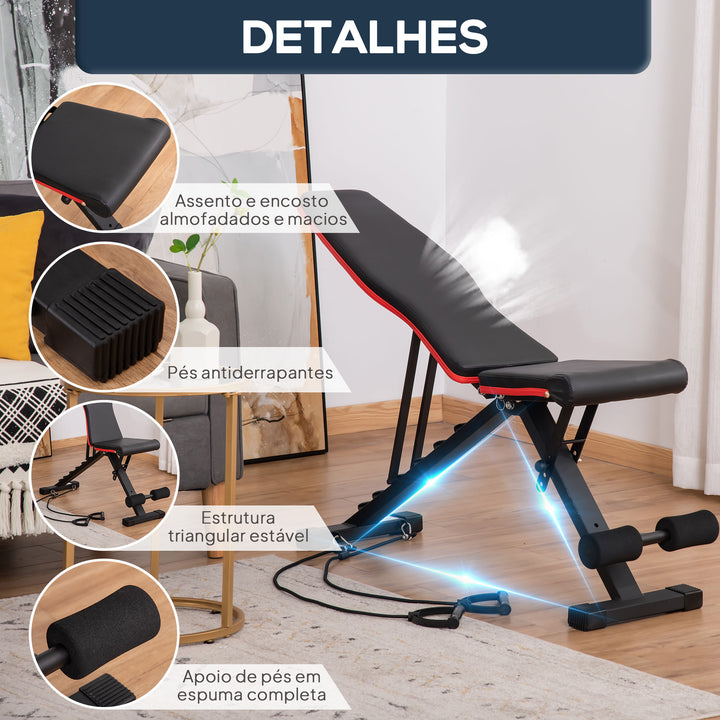Banco de Musculação Dobrável Banco de Pesas Encosto e Assento Ajustáveis Extensão de Perna e Banda de Resistência para Treino Completo Ginásio em Casa 130x34x48-109 cm Preto
