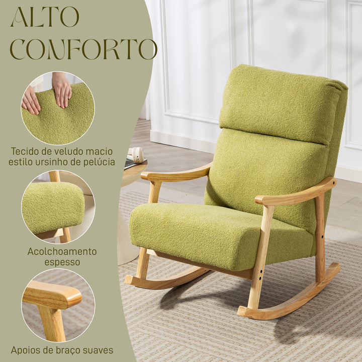 Poltrona Baloiço Moderna Poltrona Baloiço com Pés e Apoio para os Braços de Madeira de Faia Encosto Alto Poltrona de Amamentação Carga 120 kg para Dormitório Sala de Estar 65x90x98 cm Verde claro