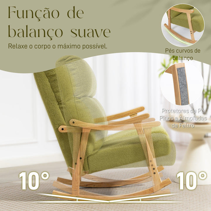 Poltrona Baloiço Moderna Poltrona Baloiço com Pés e Apoio para os Braços de Madeira de Faia Encosto Alto Poltrona de Amamentação Carga 120 kg para Dormitório Sala de Estar 65x90x98 cm Verde claro
