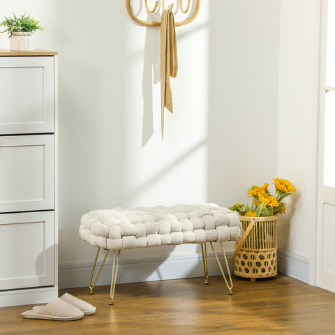 Apoio para os Pés Sala de Estar Apoio para os Pés em Veludo com Pés de Metal e Assento Acolchoado para Dormitório Entrada 76x38x41,5 cm Creme