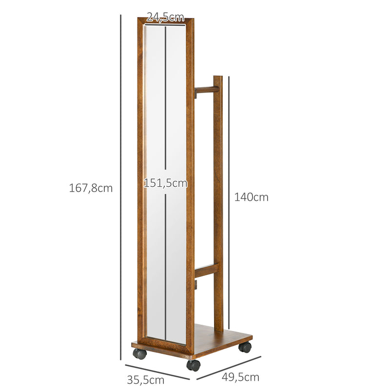 Espelho de Pé com Rodas Espelho de Corpo Inteiro com Barra para Pendurar Roupa e Prateleira Inferior para Dormitório Sala de Estar Corredor 35,5x49,5x167,8 cm Nogueira