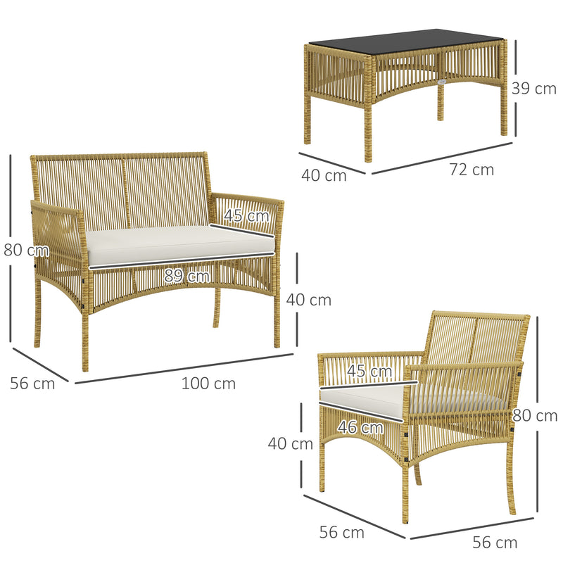 Conjunto de Móveis de Jardim de Vime Conjunto de 4 Peças de Móveis de Varanda com 1 Sofá de 2 Lugares 2 Poltronas Almofadas e Mesa de Centro com Bancada de Vidro para Pátio Bege