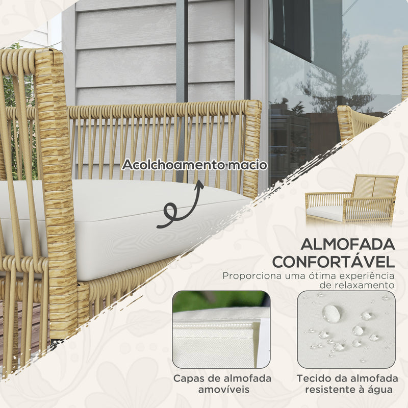 Conjunto de Móveis de Jardim de Vime Conjunto de 4 Peças de Móveis de Varanda com 1 Sofá de 2 Lugares 2 Poltronas Almofadas e Mesa de Centro com Bancada de Vidro para Pátio Bege