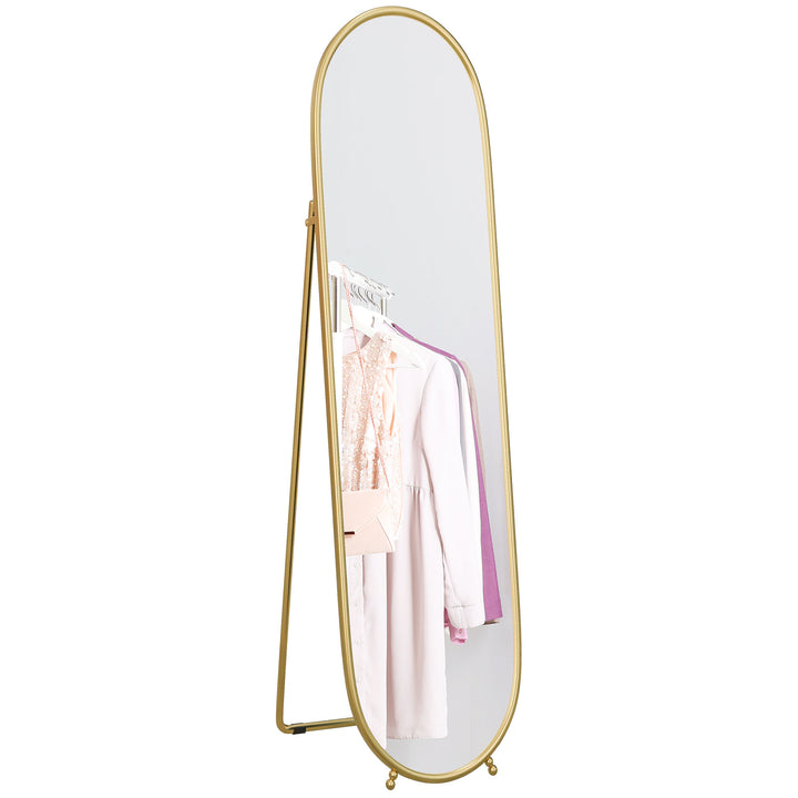 Espelho de Pé 160x40 cm Espelho de Corpo Inteiro com Moldura Metálica Espelho de Parede Oval com Suporte e 2 Formas de Utilização para Sala de Estar Entrada e Quarto Dourado