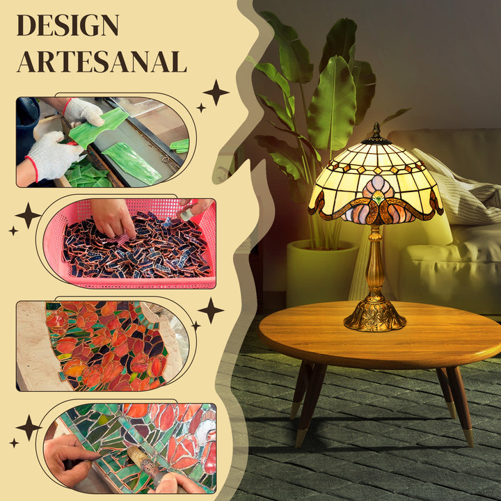 Candeeiro de Mesa com Desenho de Vitrais Coloridos Candeeiro de Mesa Feito a Mão Candeeiro de Mesa de Vidro para Dormitório Sala de Estar Escritório Ø30x48 cm Multicor