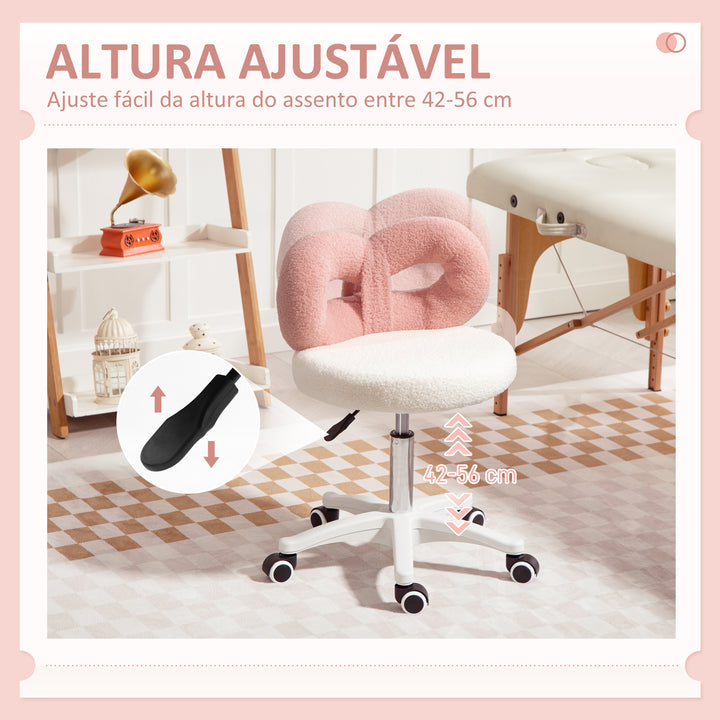 Banco Giratório com Encosto Banco com Rodas Altura Regulável 63-77 cm Estofado em Tecido tipo Borreguito para Salões Ateliês Spa Massagem 50x50x63-77 cm Branco e Rosa