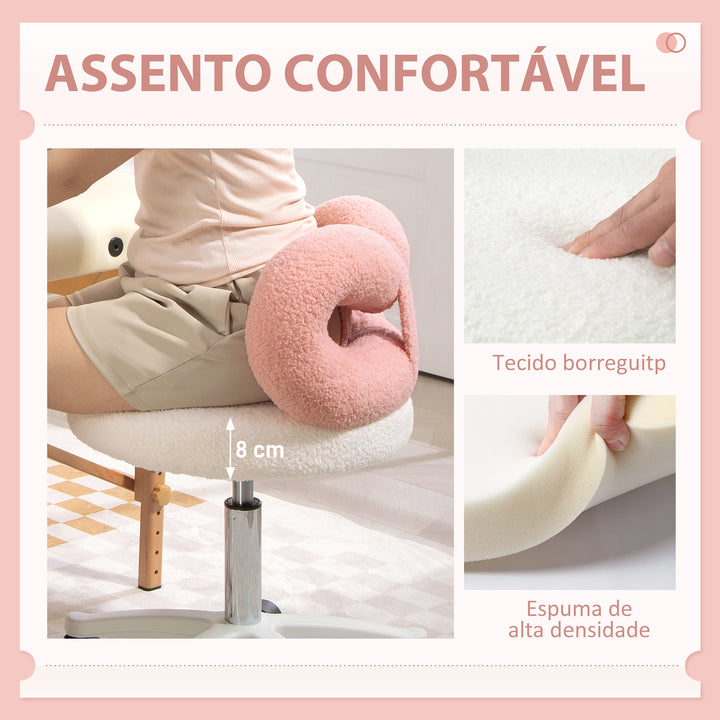 Banco Giratório com Encosto Banco com Rodas Altura Regulável 63-77 cm Estofado em Tecido tipo Borreguito para Salões Ateliês Spa Massagem 50x50x63-77 cm Branco e Rosa