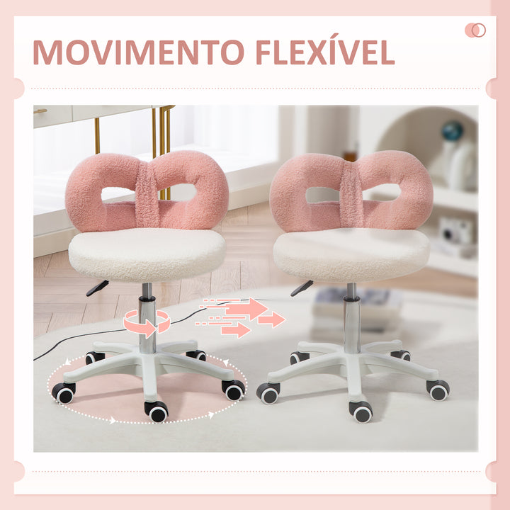 Banco Giratório com Encosto Banco com Rodas Altura Regulável 63-77 cm Estofado em Tecido tipo Borreguito para Salões Ateliês Spa Massagem 50x50x63-77 cm Branco e Rosa