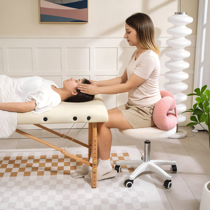 Banco Giratório com Encosto Banco com Rodas Altura Regulável 63-77 cm Estofado em Tecido tipo Borreguito para Salões Ateliês Spa Massagem 50x50x63-77 cm Branco e Rosa