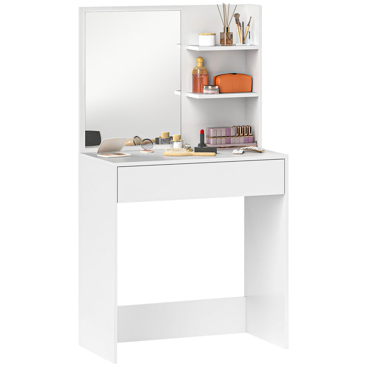 Toucador de Maquilhagem com Espelho Mesa de Maquilhagem com Gaveta e Prateleiras Abertas Toucador para Dormitório 75x40x137 cm Branco