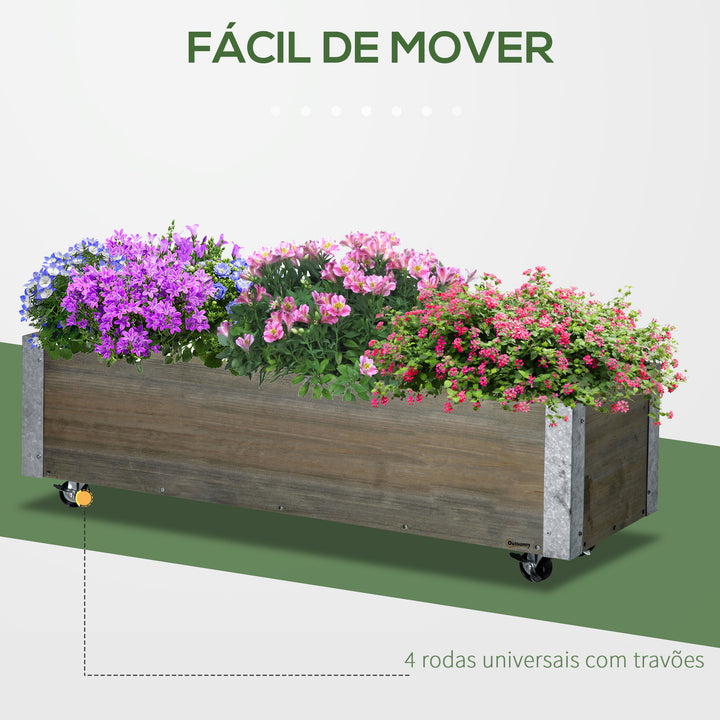 Floreira Exterior Grande com Rodas Floreira de Madeira com Tecido não Tecido Floreira com Sistema de Drenagem para Cultivo de Flores Plantas em Varanda Pátio 96x30,6x30 cm Madeira Acinzentada
