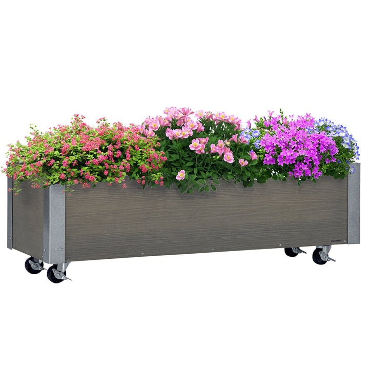 Floreira Exterior Grande com Rodas Floreira de Madeira com Tecido não Tecido Floreira com Sistema de Drenagem para Cultivo de Flores Plantas em Varanda Pátio 96x30,6x30 cm Madeira Acinzentada