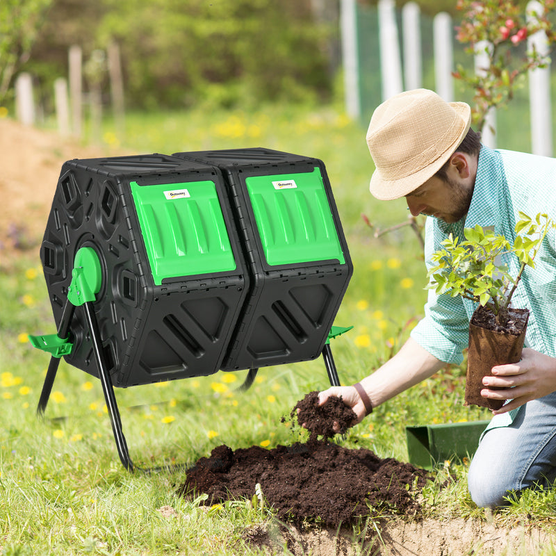 Compostor Giratório de 130L Recipiente de Compostagem de Jardim de Dupla Câmara Compostor com Aberturas de Ventilação e Pés de Aço 67x60x77 cm Preto e Verde