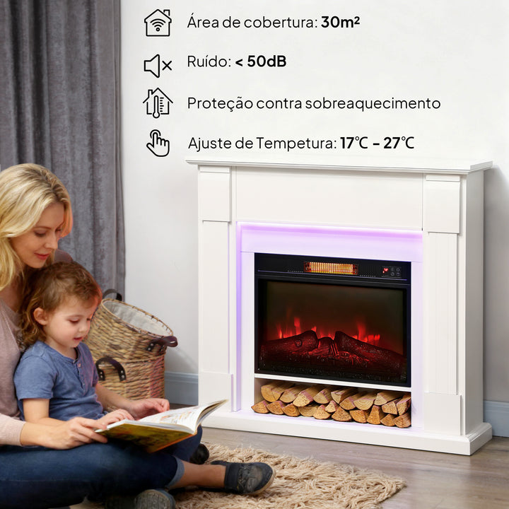 Lareira Elétrica Empotrada com Efeito de Chama 3D e Tira de Luz LED RGB 1800W Temporizador Termostato Digital Controlo Remoto para 30 m² 105x27x97 cm Branca