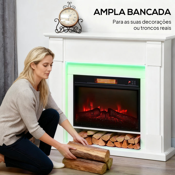 Lareira Elétrica Empotrada com Efeito de Chama 3D e Tira de Luz LED RGB 1800W Temporizador Termostato Digital Controlo Remoto para 30 m² 105x27x97 cm Branca