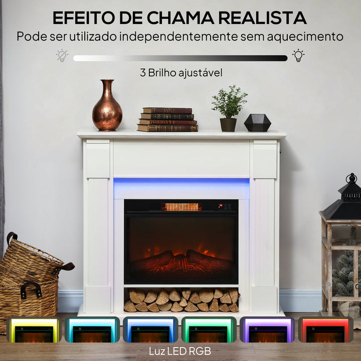 Lareira Elétrica Empotrada com Efeito de Chama 3D e Tira de Luz LED RGB 1800W Temporizador Termostato Digital Controlo Remoto para 30 m² 105x27x97 cm Branca