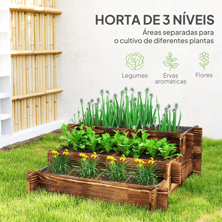 Caixa de Plantio de Madeira de 3 Níveis Horta Vertical em Escada com Malha Geotextil para Cultivos de Plantas Flores para Jardim Terraço Exterior 93x93x35 cm Carbonizado