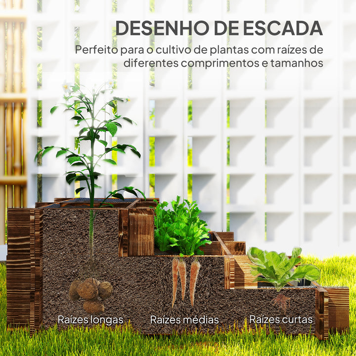 Caixa de Plantio de Madeira de 3 Níveis Horta Vertical em Escada com Malha Geotextil para Cultivos de Plantas Flores para Jardim Terraço Exterior 93x93x35 cm Carbonizado