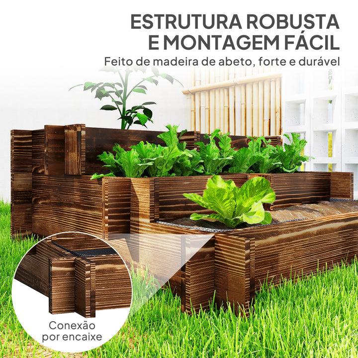 Caixa de Plantio de Madeira de 3 Níveis Horta Vertical em Escada com Malha Geotextil para Cultivos de Plantas Flores para Jardim Terraço Exterior 93x93x35 cm Carbonizado