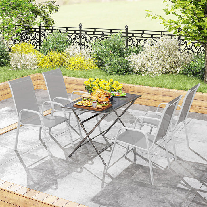 Conjunto de 4 Cadeiras de Jardim Exterior Cadeiras de Terraço Empilháveis com Tecido Respirável Estrutura de Metal Apoios de Braços e Encosto 54x75,5x95 cm Cinzento Claro