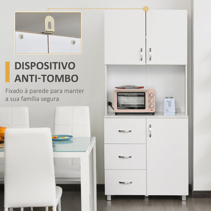 Armário de Armazenamento de Cozinha Armário Alto com 3 Gavetas 3 Portas e Prateleiras Interiores Ajustáveis móvel Auxiliar para Sala de Jantar Sala de Estar 80x39,5x183,5cm Branco