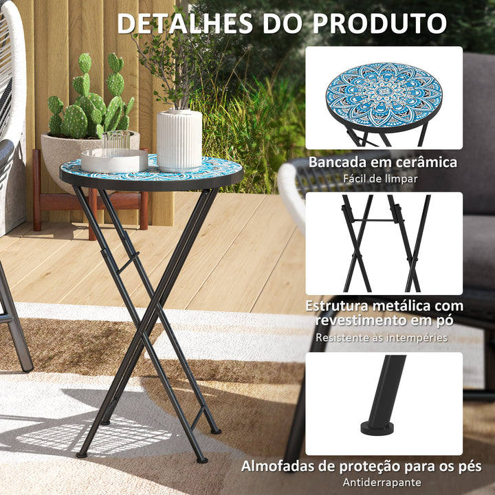 Mesa Auxiliar Redonda Mesa de Jardim Dobrável com Bancada em Mosaico e Pés com Almofadas Antiderrapantes Mesa para Exterior Pátio Varanda Ø35,5x55 cm Azul