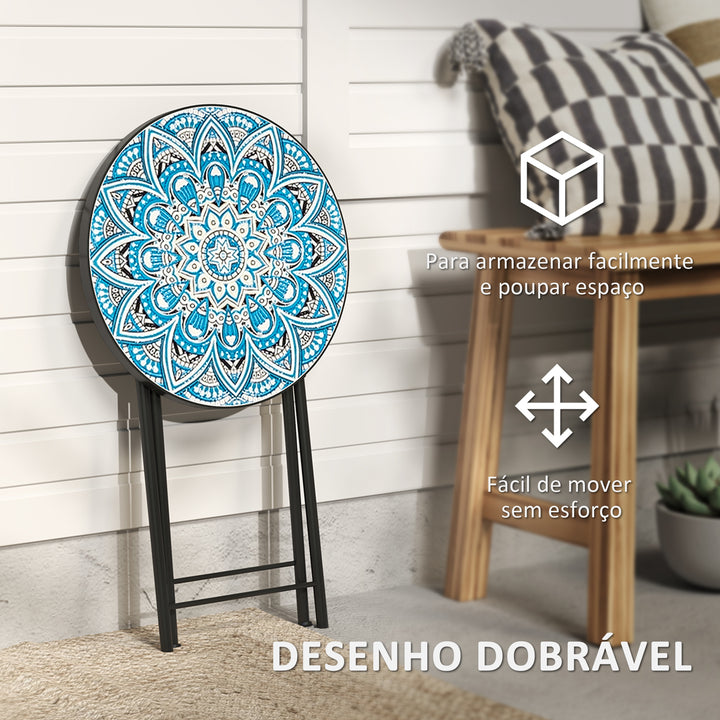 Mesa Auxiliar Redonda Mesa de Jardim Dobrável com Bancada em Mosaico e Pés com Almofadas Antiderrapantes Mesa para Exterior Pátio Varanda Ø35,5x55 cm Azul